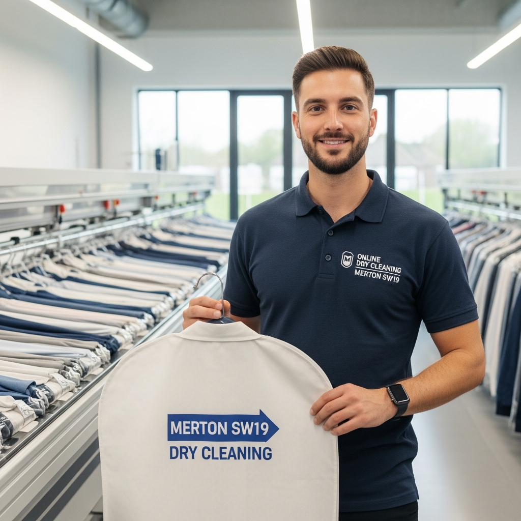 The Big Wash online dry cleaning representative in Merton SW19 holding garment bag in modern facility with extensive racks of cleaned shirts showcasing professional dry cleaning services